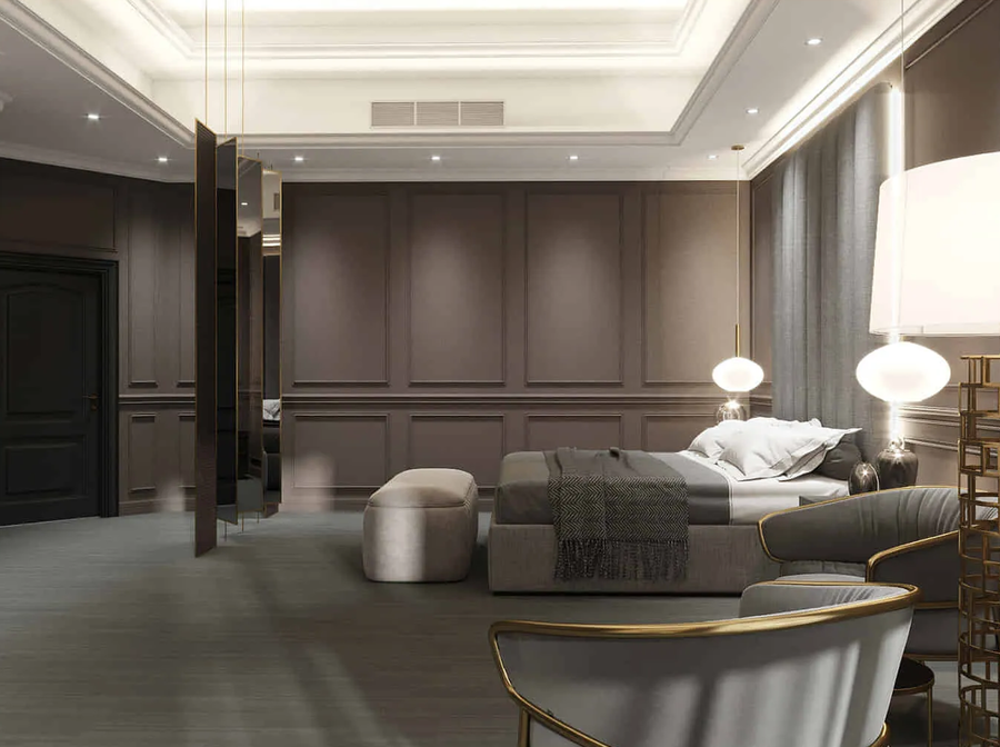 A hotel room furnished with a custom made bed accompanied with some bespoke upholstery.