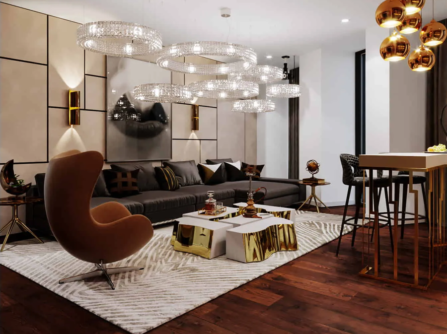 Living room furnished with a bespoke sofa and armchair, embalished with a custom center table, acompanied with sobe bespoke counter stools.