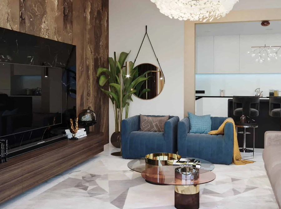 Living room furnished with some bespoke upholstery and a custom center table.