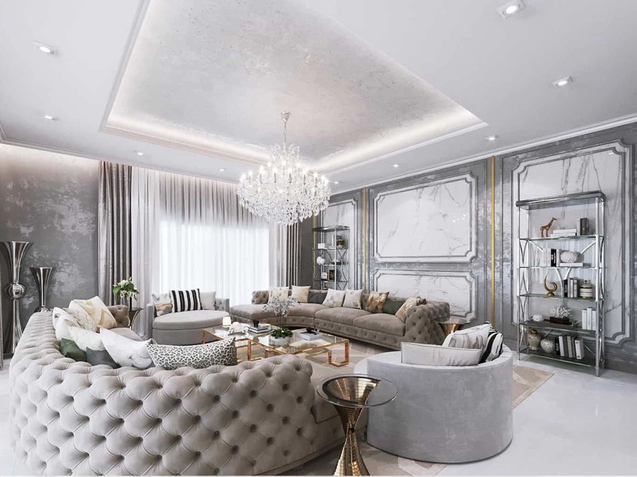 White living room furnished with some bespoke upholtery and a custom center table.