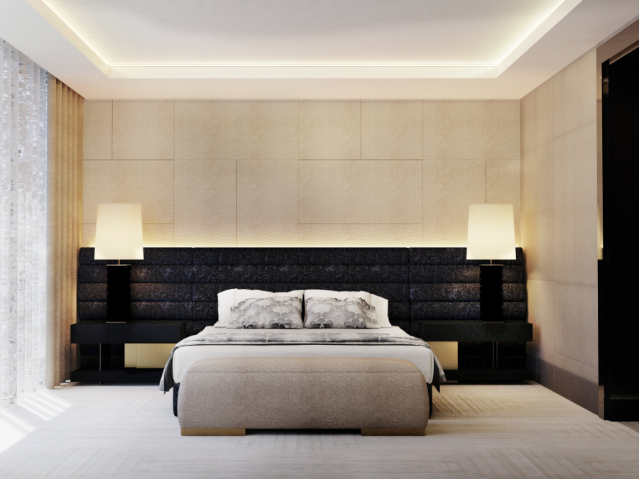 bedroom by brabbu with black headboard and black side tables