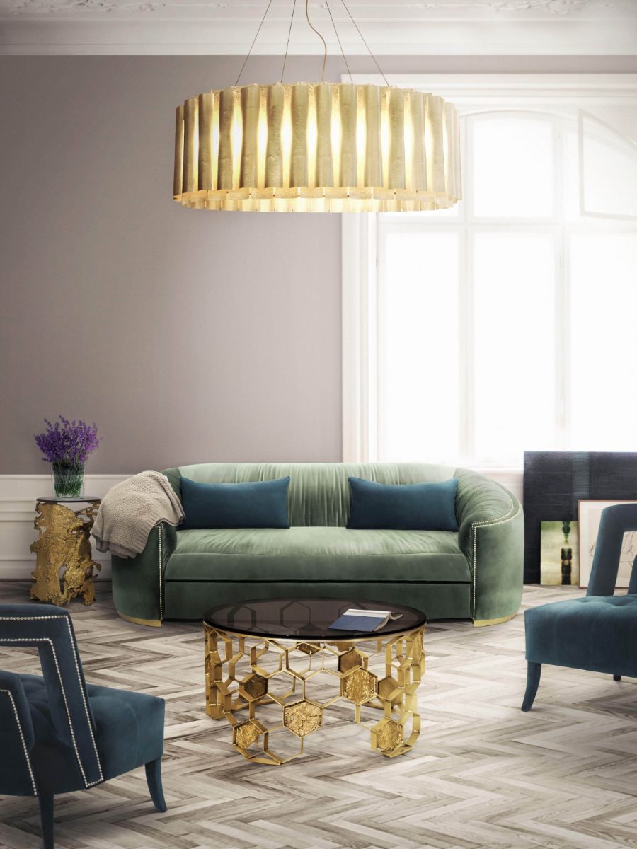 living room by brabbu with green sofa and blue armchairs