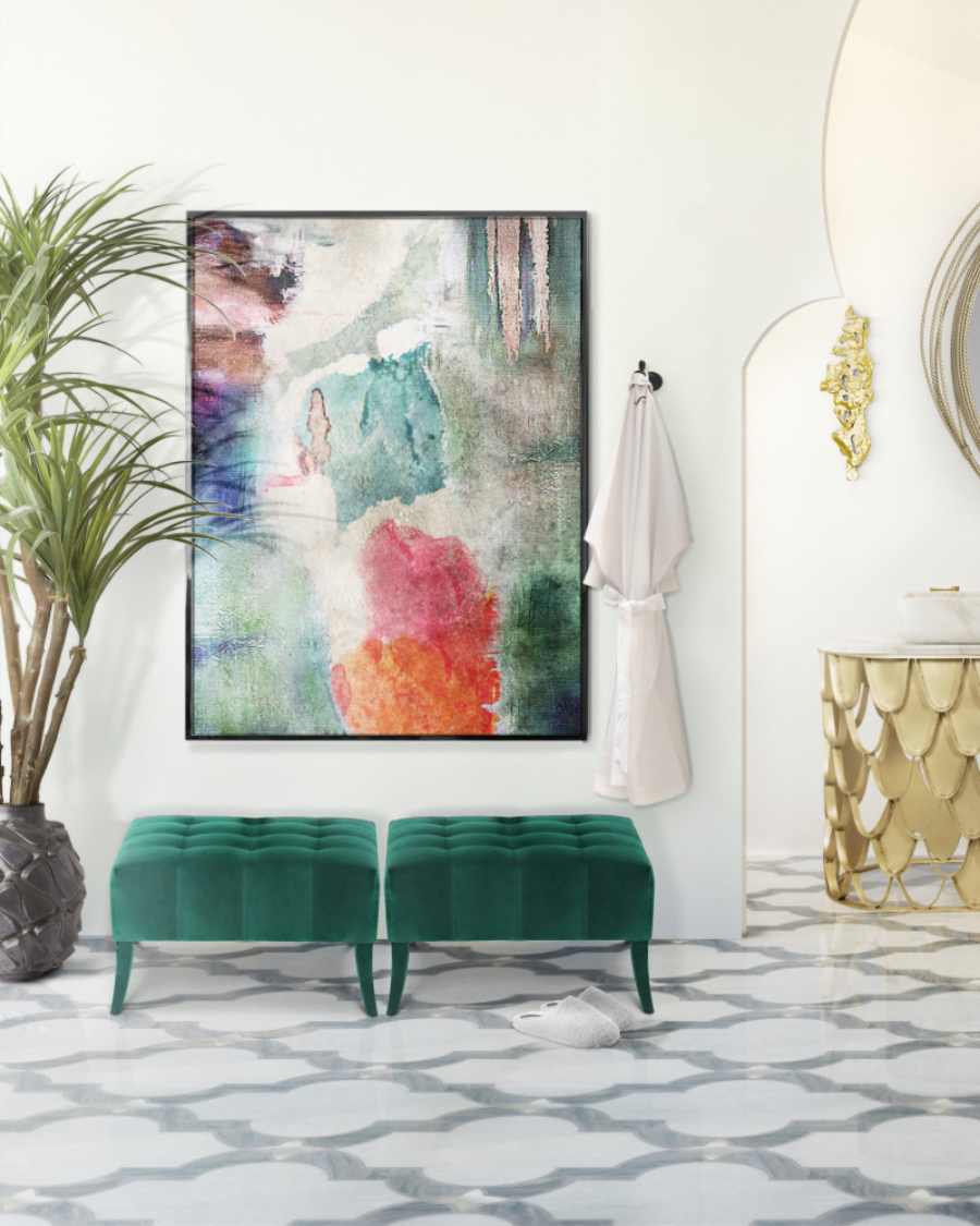 bathroom with green ottomans