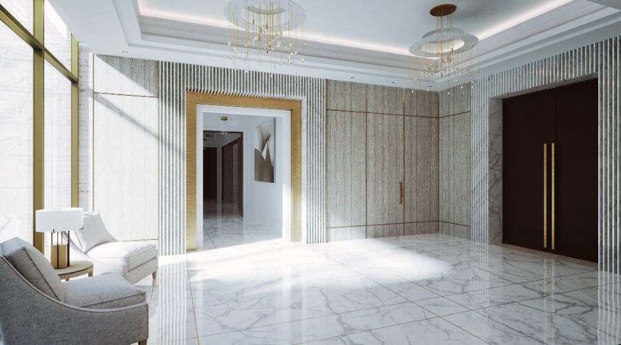 NP Designs creates a bright hallway with two armchairs