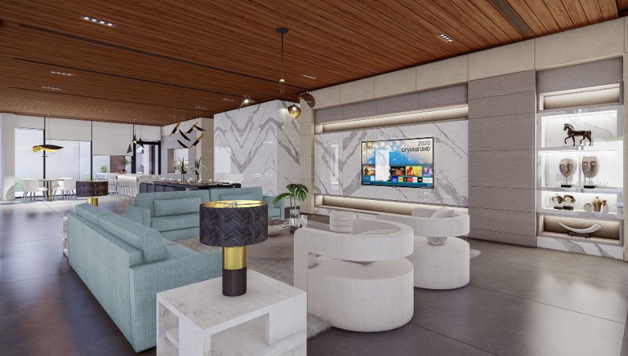 NP Designs creates a living room with two blue sofas and two withe armchairs in a modern place.