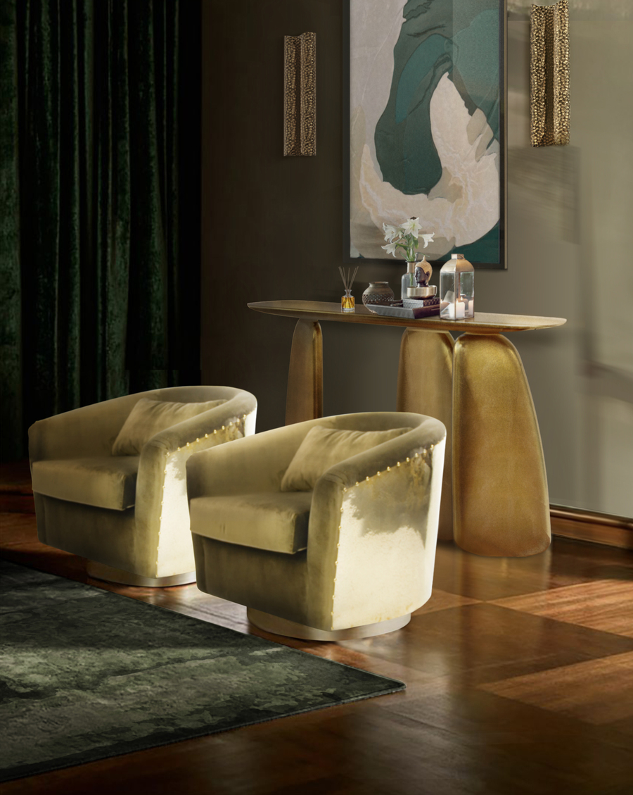 fierce living room with green and gold details and big armchair