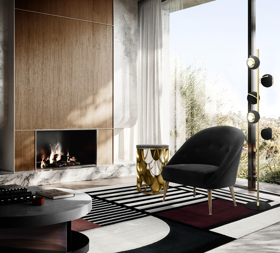 modern living room set with black armchair 