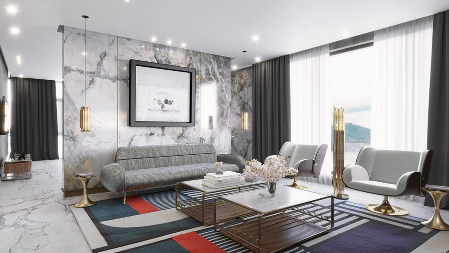 grey tones midcentury living room with colouful rug