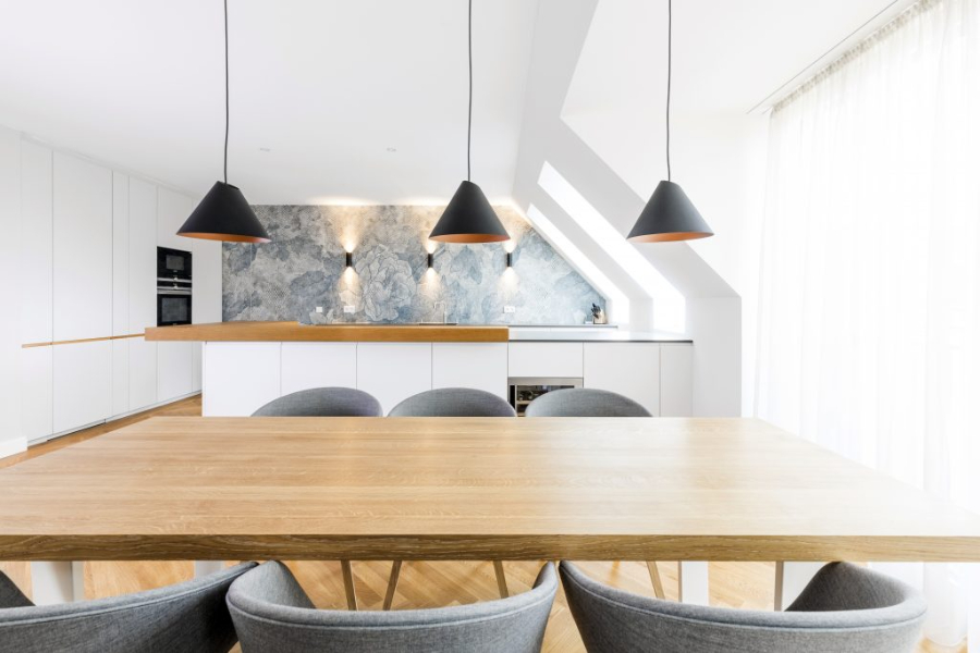 BESPOKE dining room view to the kitchen from the penthouse Maxvorstadt.