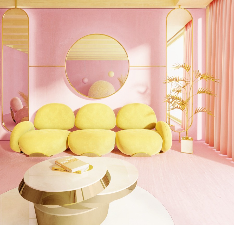 pink and yellow living room design