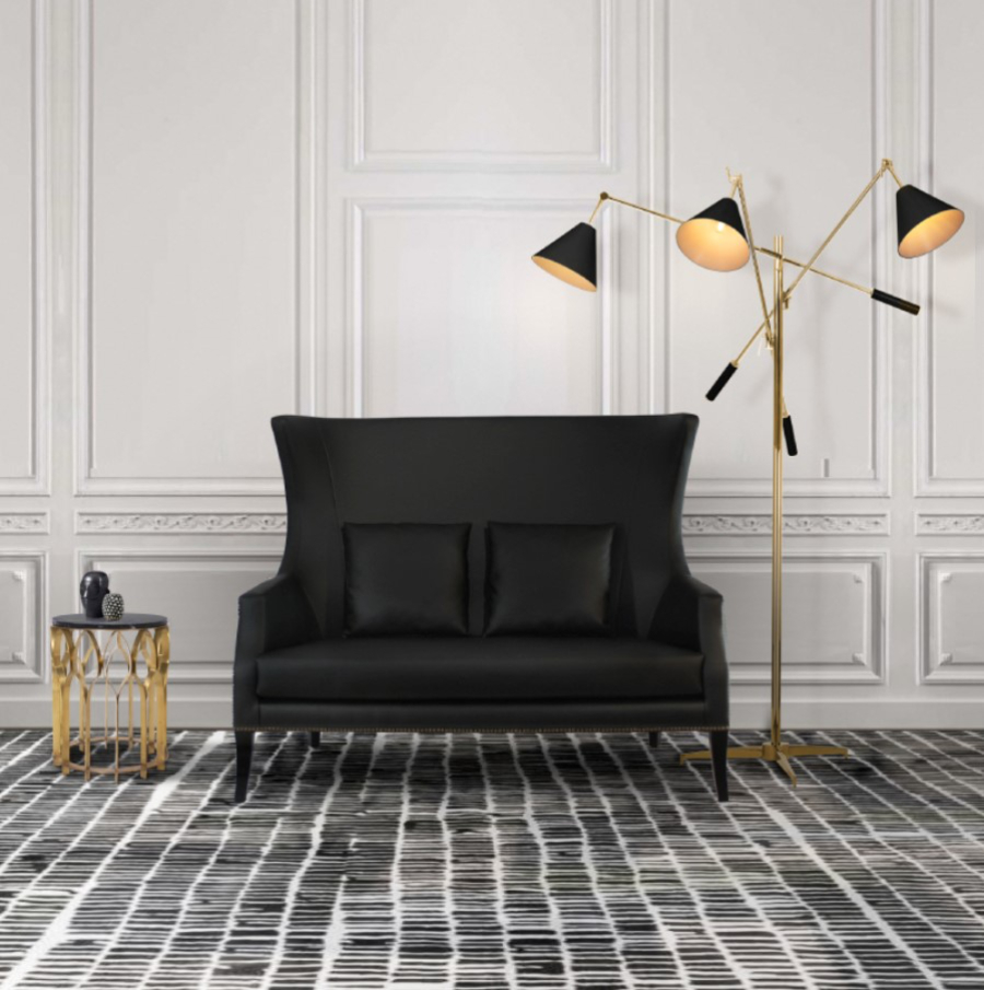 Interior Design Ideas with Yabu Pushelberg. This modern classic hallway has the black leather two-seat sofa DUKONO next to the round gold brass side table MECCA creating an elegant and sophisticated look.