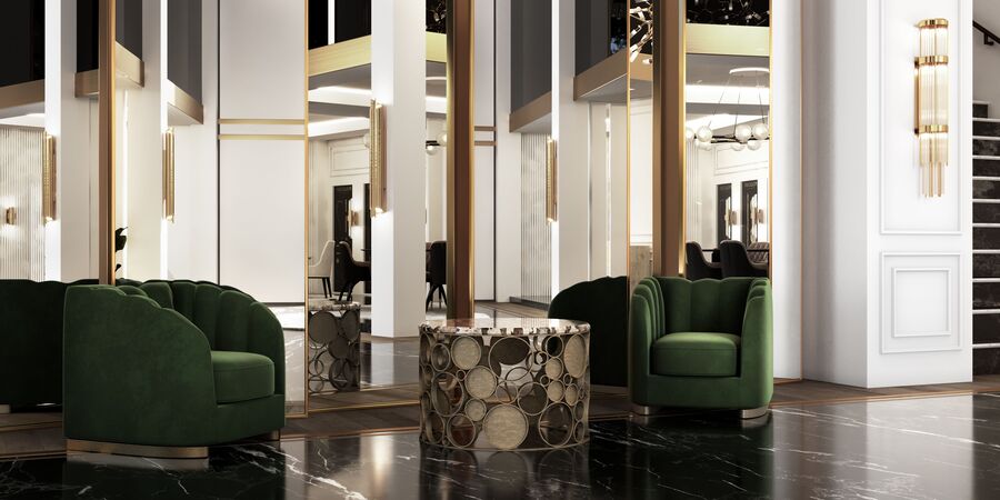 modern luxurious green and gold detailed showroom