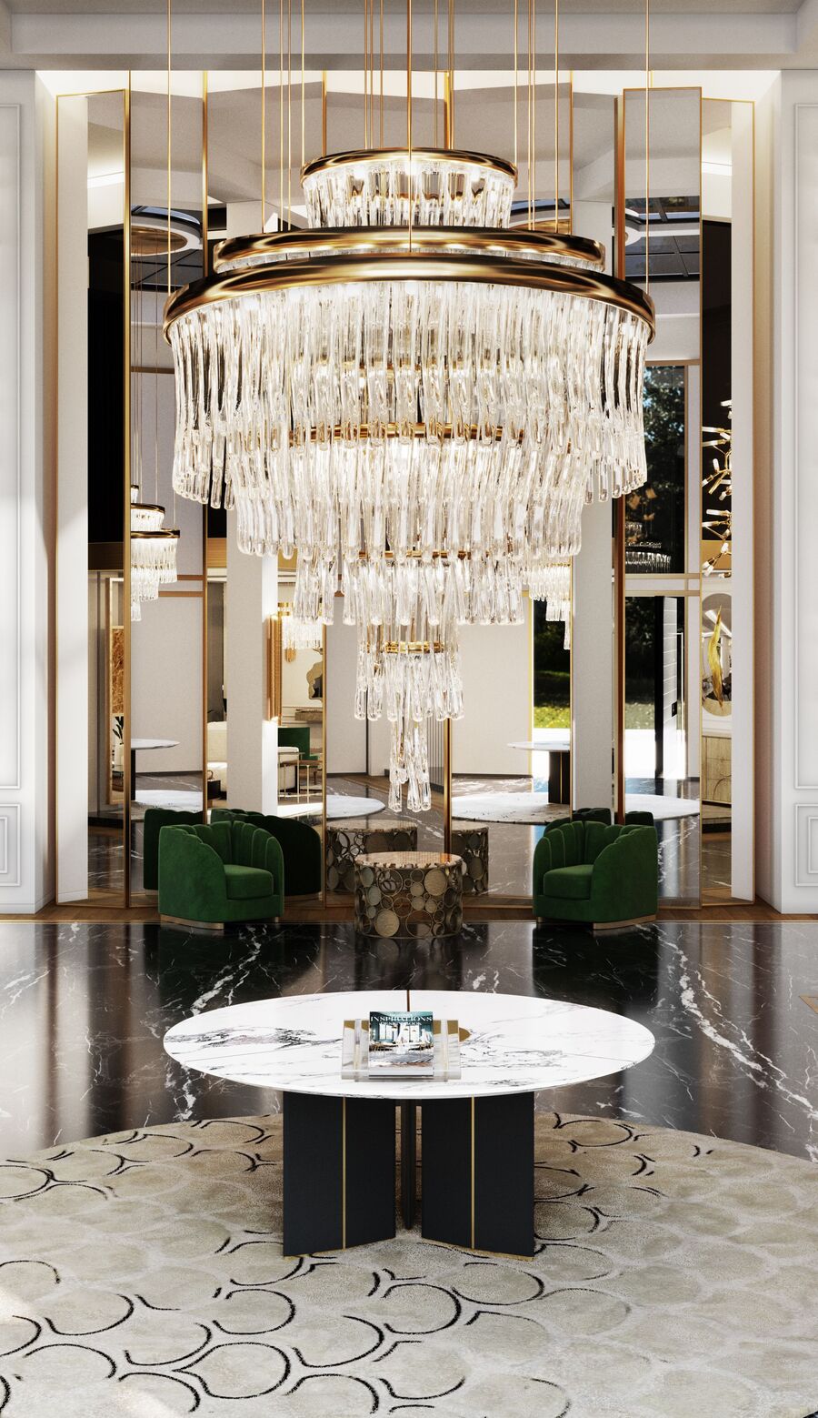 modern luxurious green and gold detailed showroom