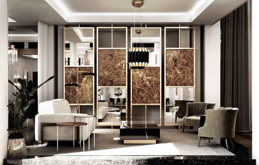 modern luxurious green and gold detailed showroom