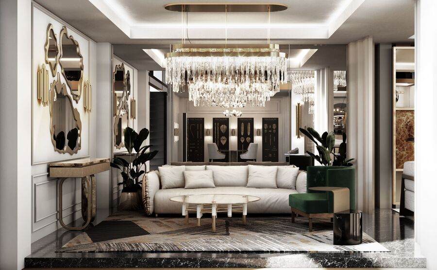 modern luxurious green and gold detailed showroom