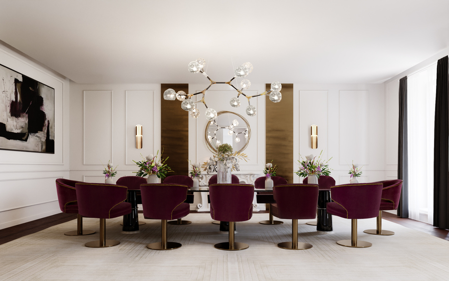 modern dining room design with red dining chairs