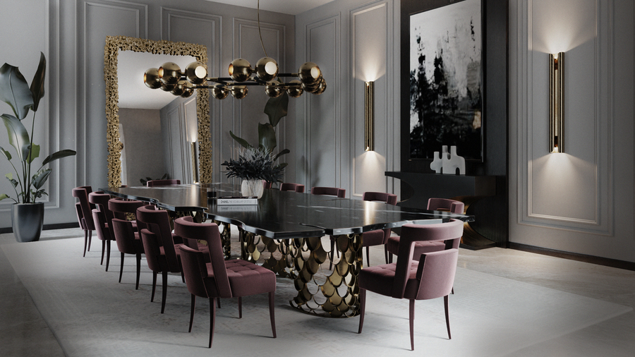 modern dining room design with purple dining chairs