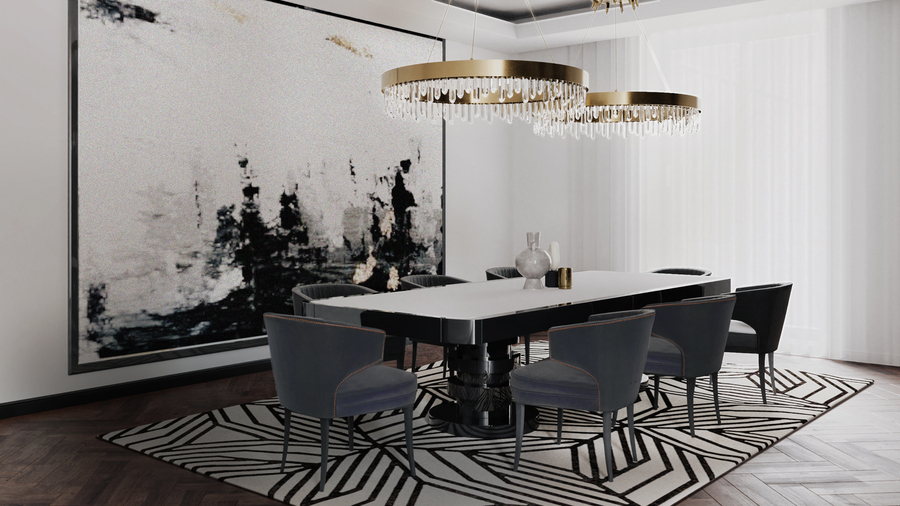 modern dining room design with grey velvet chairs