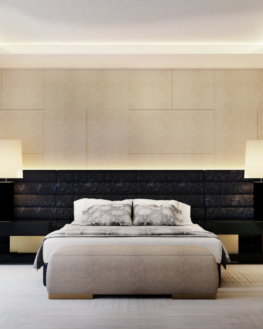 bedroom by Brabbu with black head board and beige bench