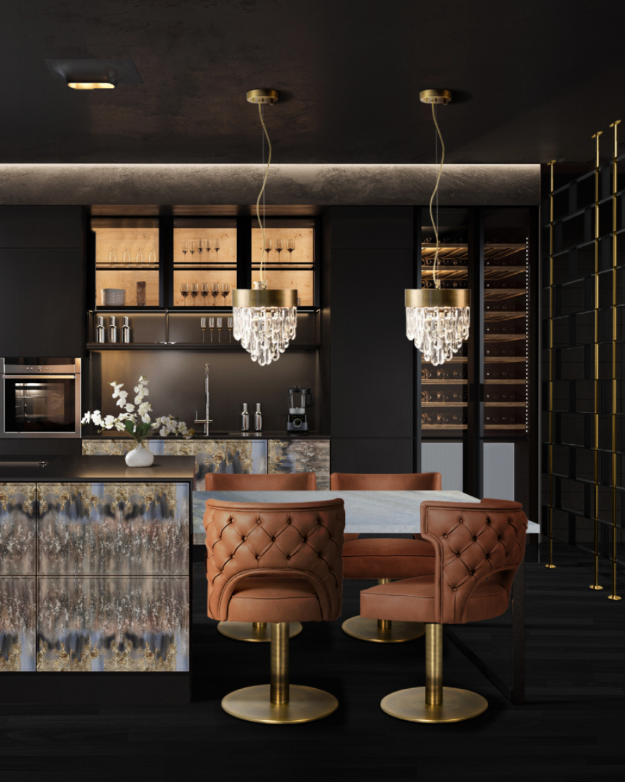 kitchen by brabbu with orange chairs and golden lamps
