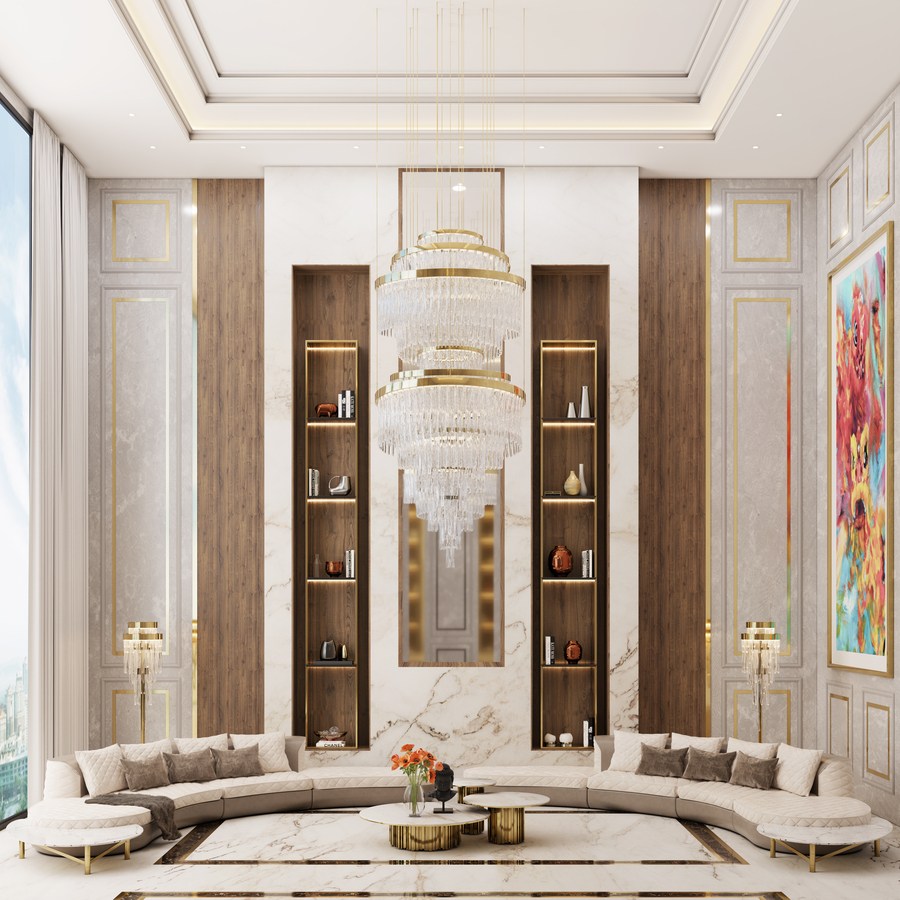 luxurious living room design with big crystal suspension light