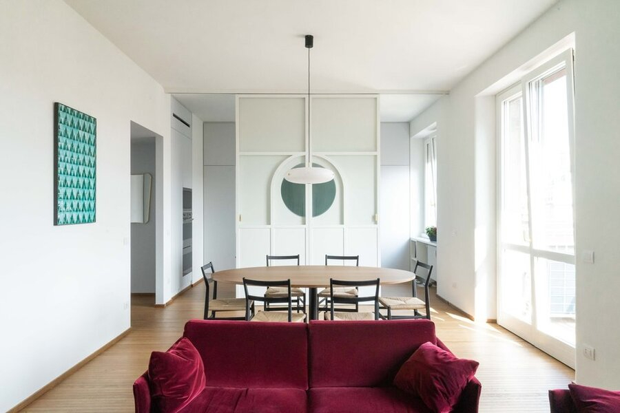 Milan and Rome Modern Interior Design + 02 Arch + Living Room with Red Sofa