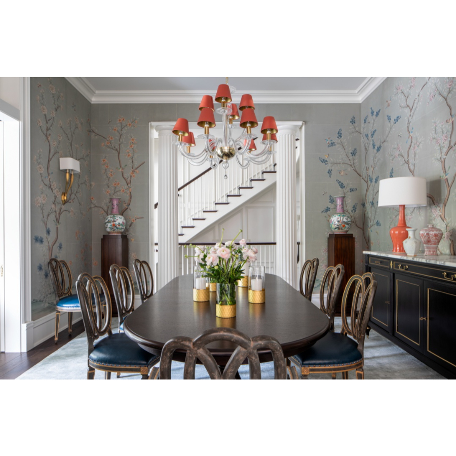 Modern Interior Design: A dining table with sophisticated matching chairs. This living room as a unique design, with flowers painted on the walls