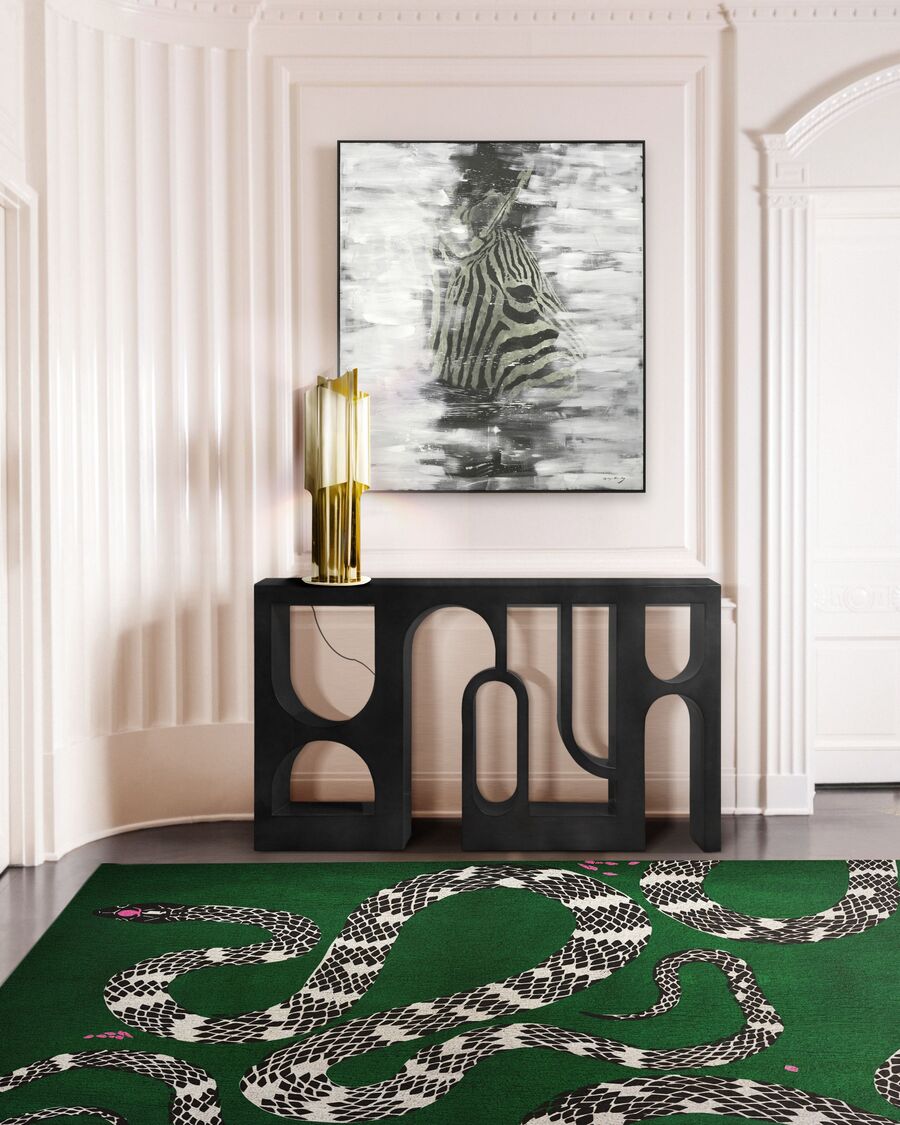 modern hallway design with green snake rug
