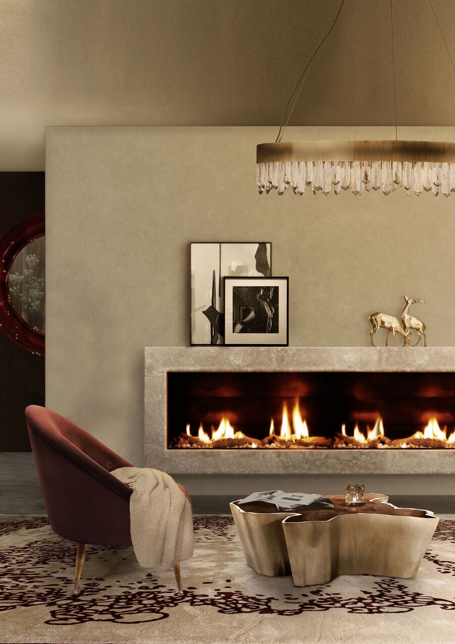 living room design in warm tones with red armchair and golden crystal suspension light