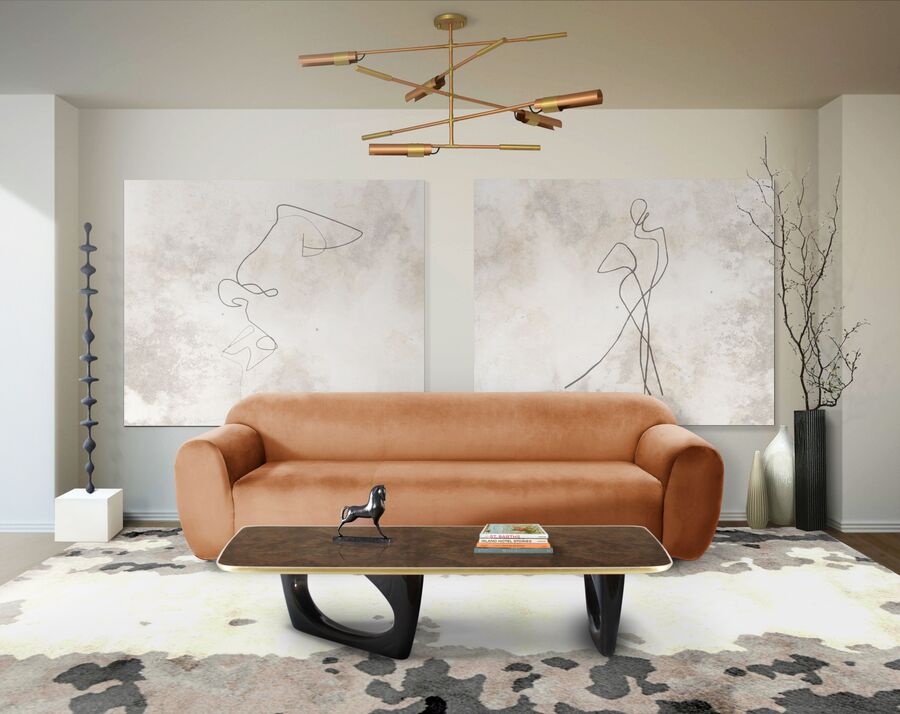 modern living room with orange sofa