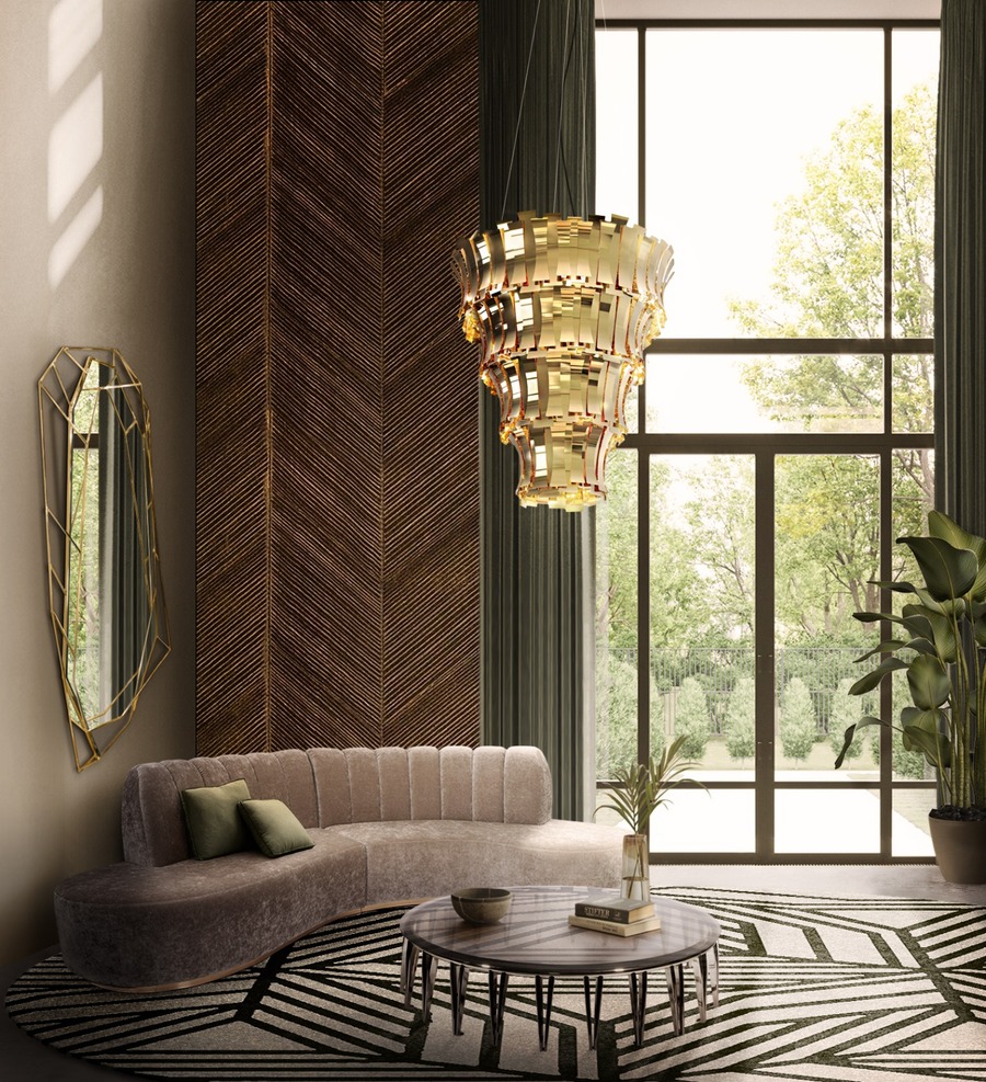 modern living room with outstanding chandelier