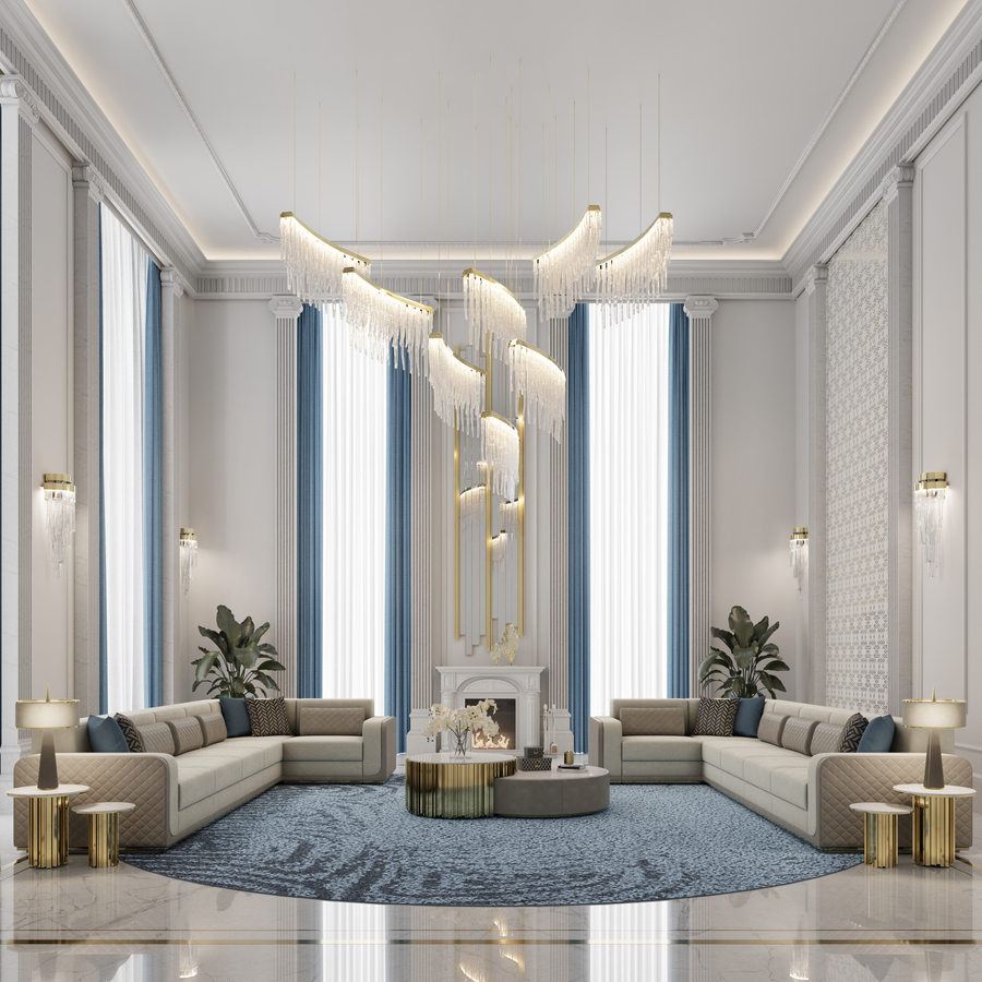 modern living room in golden shades