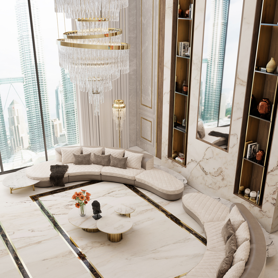 luxurious living room design with big crystal suspension light