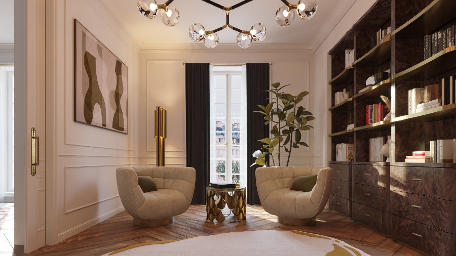House decorating ideas by Laura Stein Interiors. The reading nook is composed by two swivel velvet ESSEX Armchairs, which gives the possibility to relax or recharging energies. An aged brass KOI II side table with the tabletop in forest green marble and an aged brass CYRUS floor light. To complete the office we add custom-made built-in open bookcase, inspired in the BARAKA collection, provides storage and organisation to the room.