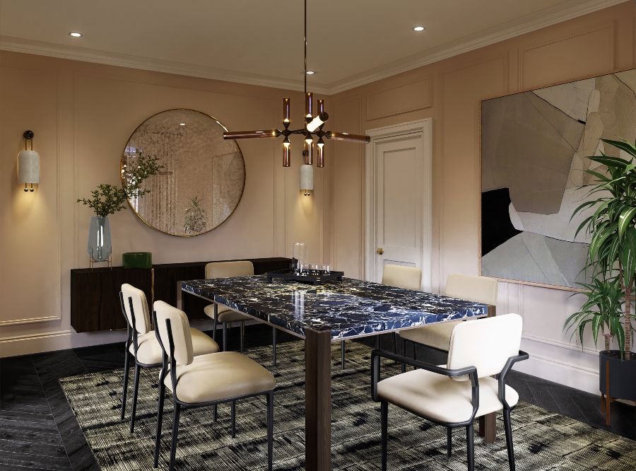 House decorating ideas by Laura Stein Interiors. This dining room has a neutral wall with a round mirror, a blue marble dining table, and neutral dining chairs with a black structure.