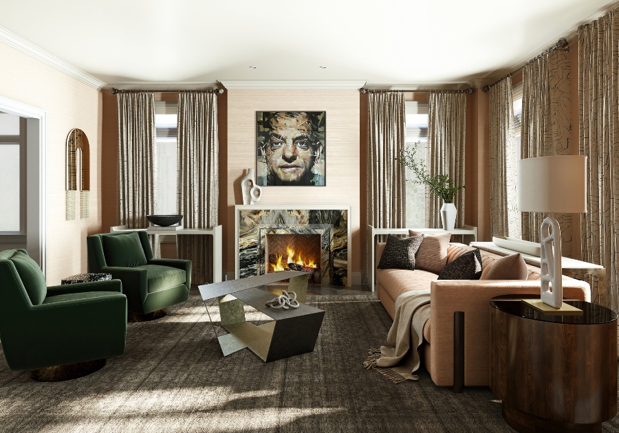 House decorating ideas by Laura Stein Interiors. This living room has two dark green armchairs, a geometrical coffee table in black, a neutral sofa, and a dark rug and in the center of the room has a dark marble fireplace.