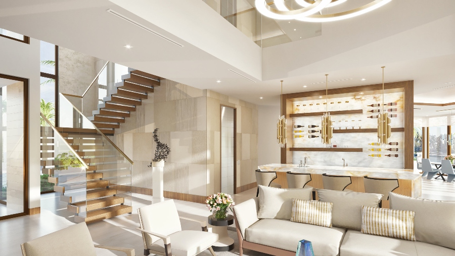 Walnut and eucalyptus woods are used in this modern home's rich but relaxing finishing. The wood wallcoverings on the ceilings bring warmth and tranquillity to this vast home. Large terraces, a rooftop deck, and a pool deck provide ample outdoor living area for all-year enjoyment.