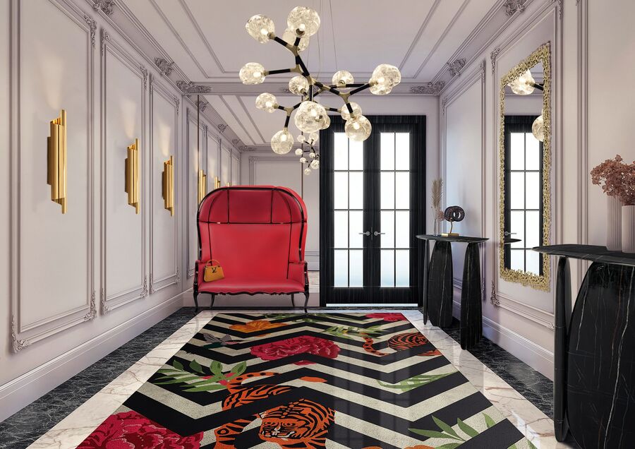 modern entryway with red sofa