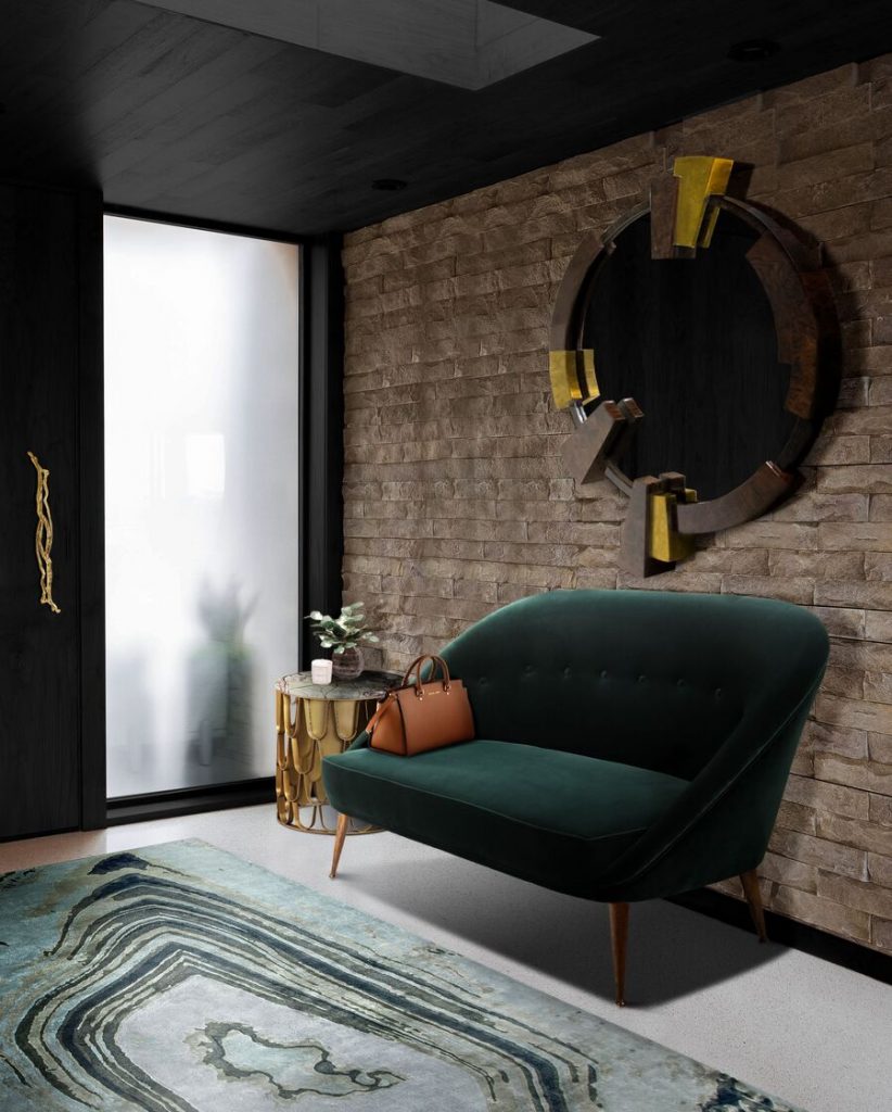 modern entryway design with green sofa
