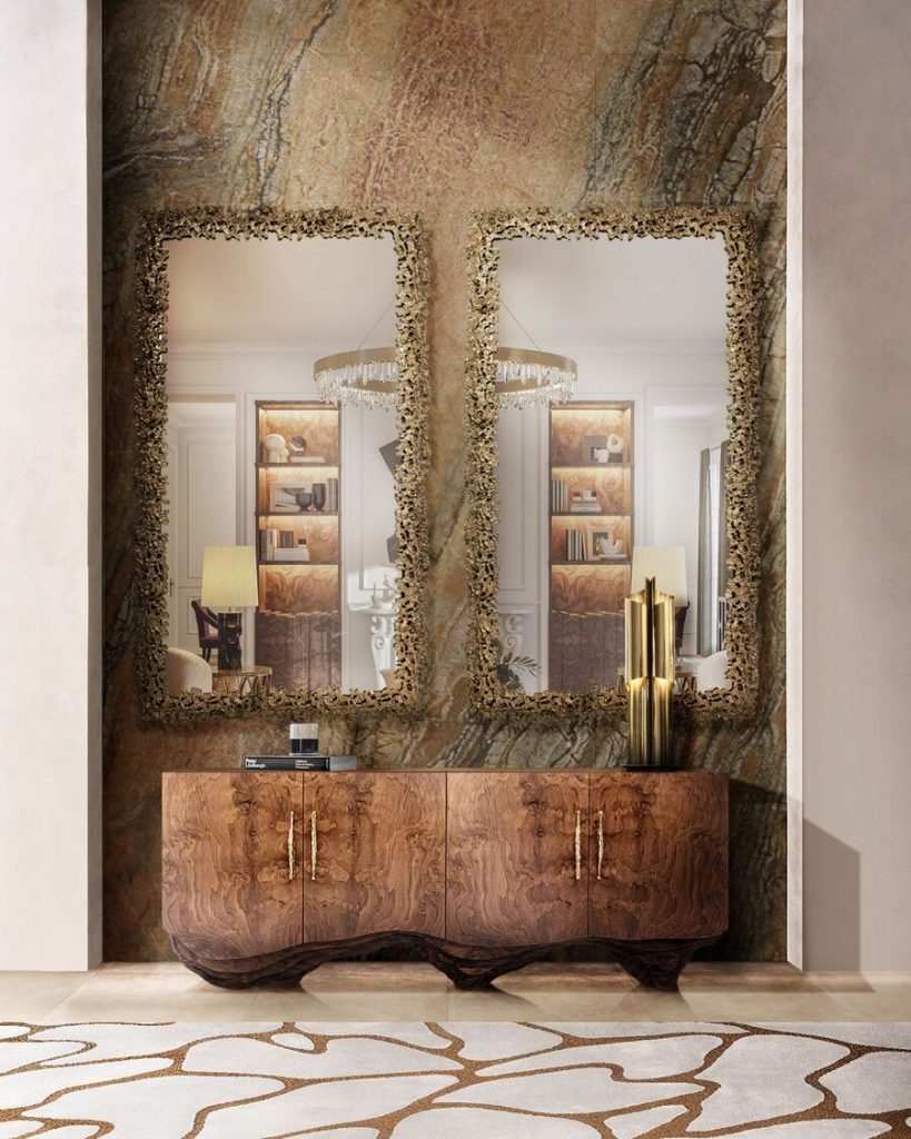modern hallway with two golden mirrors