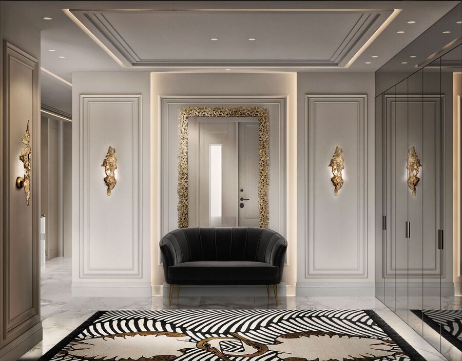 modern hallway design with black sofa