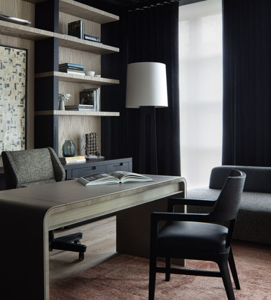 The Best Interior Design Ideas By Audax. This dark office with a modern design has a table in wood, two office aremchairs in brown and black. 