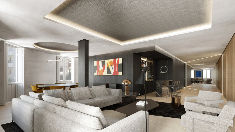living room by Grupo Cosmic with white furniture, black coffee table