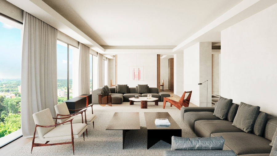 living room by Grupo Cosmic with dark sofas, white armchairs and black coffee table