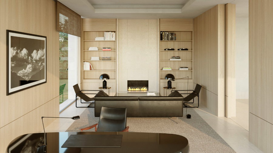 living room Grupo Cosmic with black furniture, fireplace and grey rug