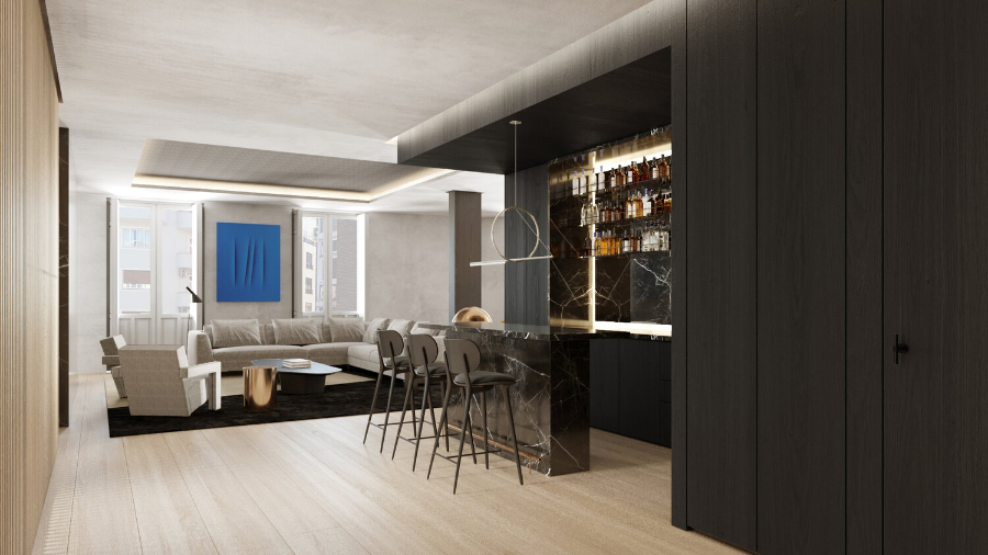 interior by Grupo Cosmic with black marble table and living room with white furniture