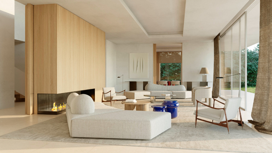 living room by Grupo Cosmic with white furniture, fireplace and three coffee tables