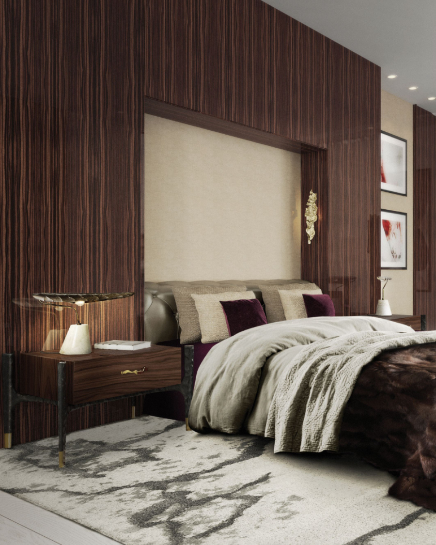 bedroom by brabbu with grey rug and wooden bedside table