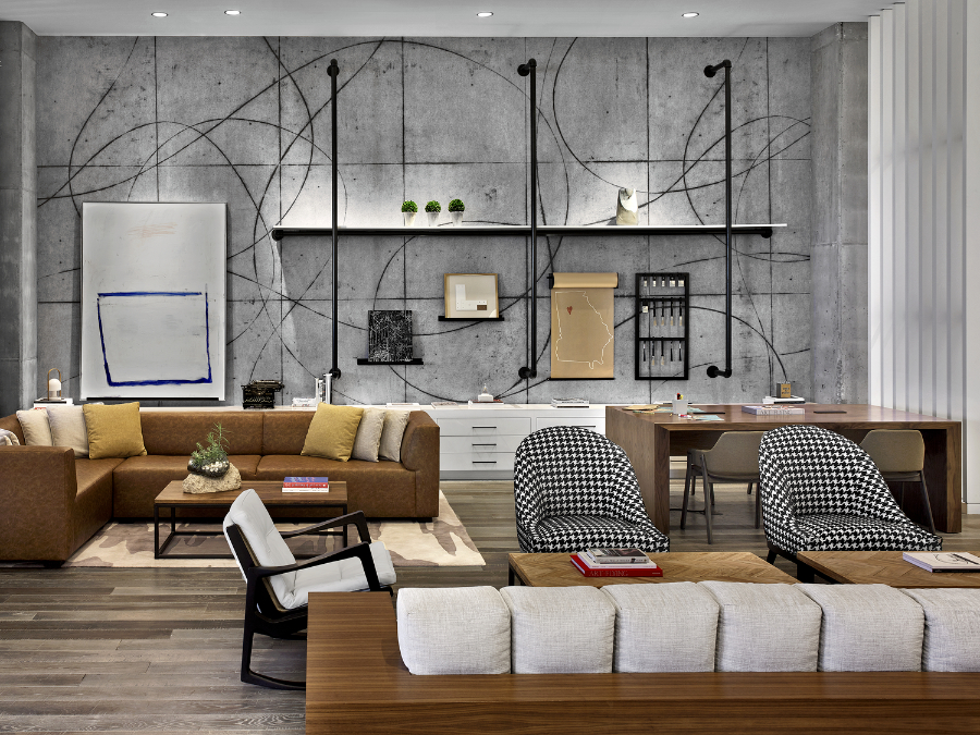 Rottet Studio: Architecture And Design In Texas. A living area with two big sofas and three armchairs. There's also a dining table for four.