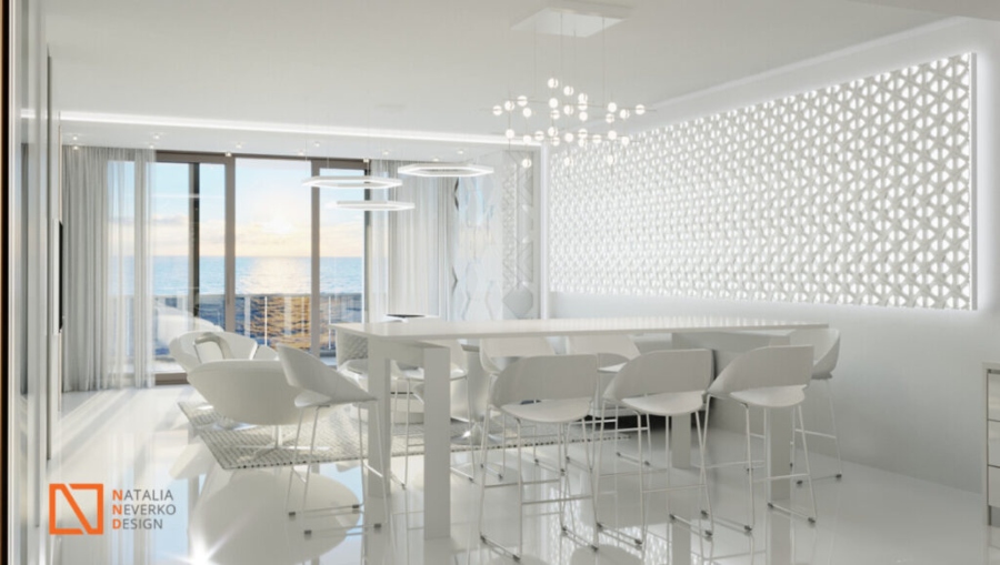 Natalia Neverko Design Project: white tones living room with a dining area